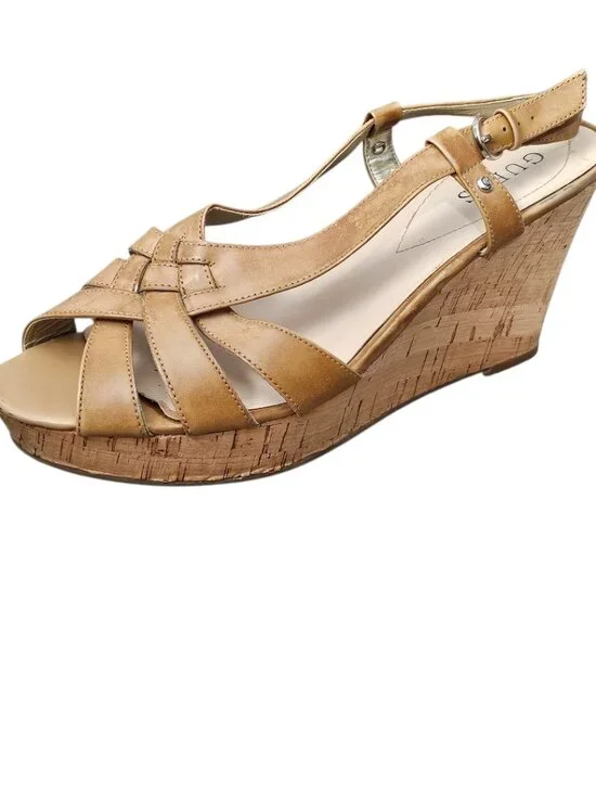 Guess Strappy Kayce Cork Wedge Platform Heel Slingback Sandals Tan Size 11 - Picture 3 of 12